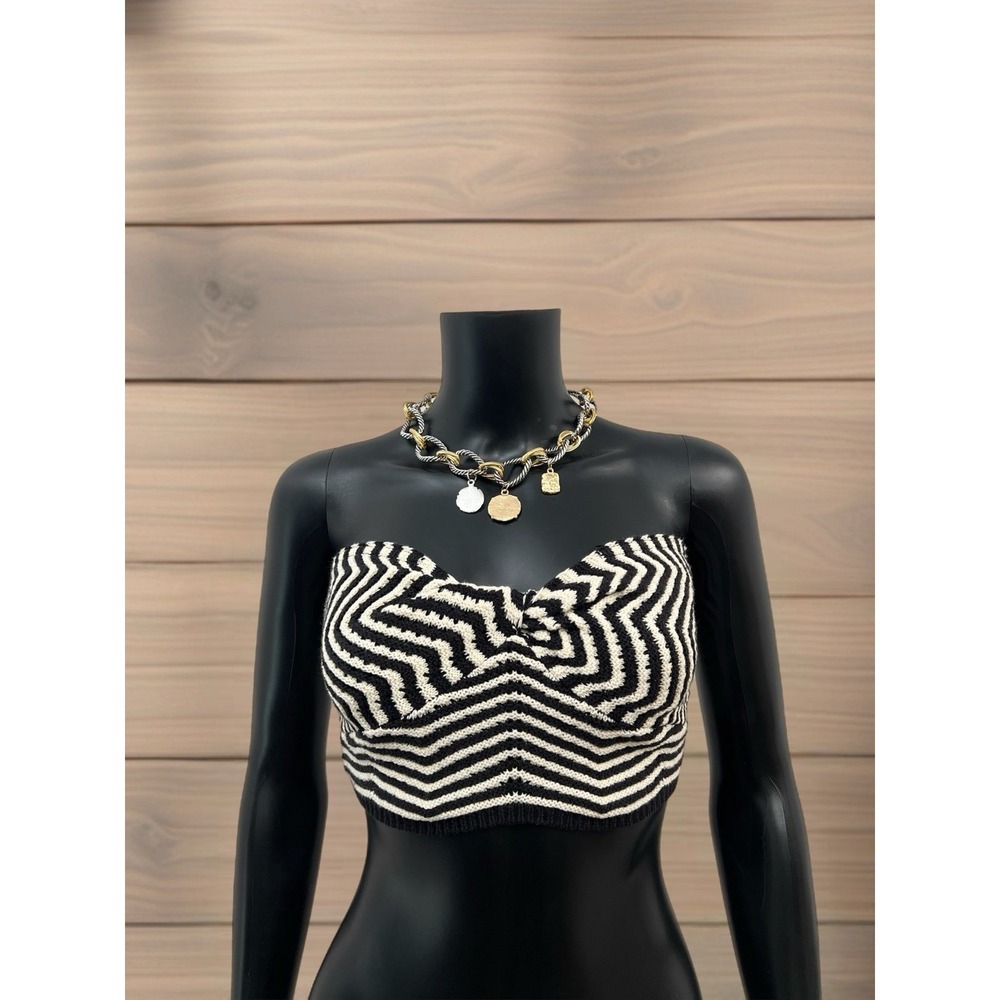 NWT Willow & Wind Knit Crop Top S Black‎ White Zigzag Strapless Tube Sweater Sz